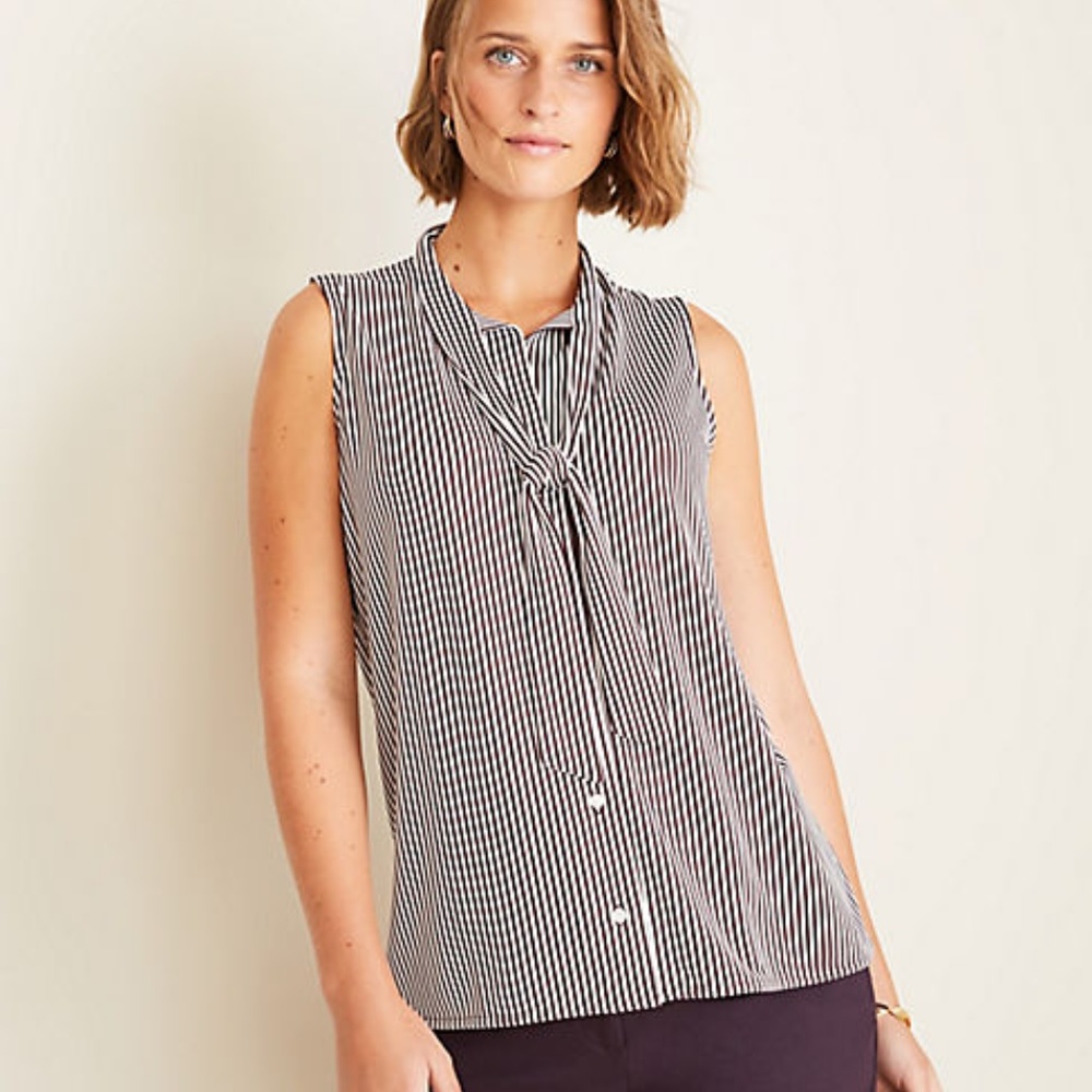 NWT Ann Taylor Striped Tie Neck Button Down Shell